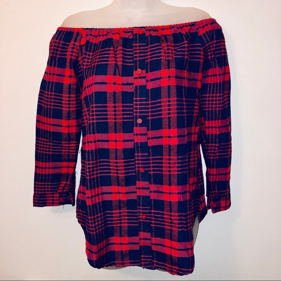 Plaid Flannel Print Off the Shoulder Button Shirt - Picture 3 of 5